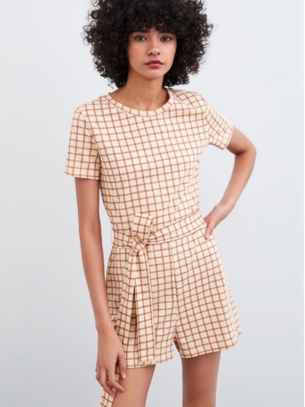 Zara Grid Print Cotton Romper Medium